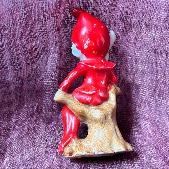 Vintage Mid Century Christmas Elf Pixie Perched on Wood Stump - Picture 2 of 4